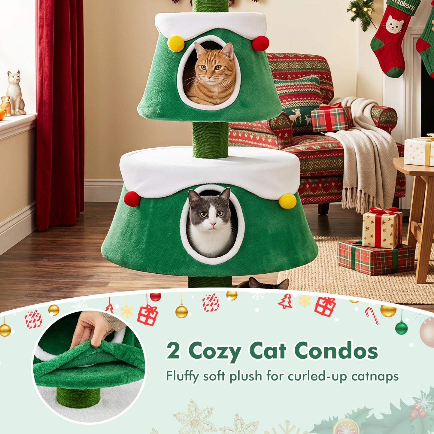156cm Cat Tree, Christmas Tree Shape Cats Tower with 2 Condos