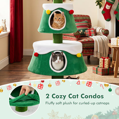 156cm Cat Tree, Christmas Tree Shape Cats Tower with 2 Condos