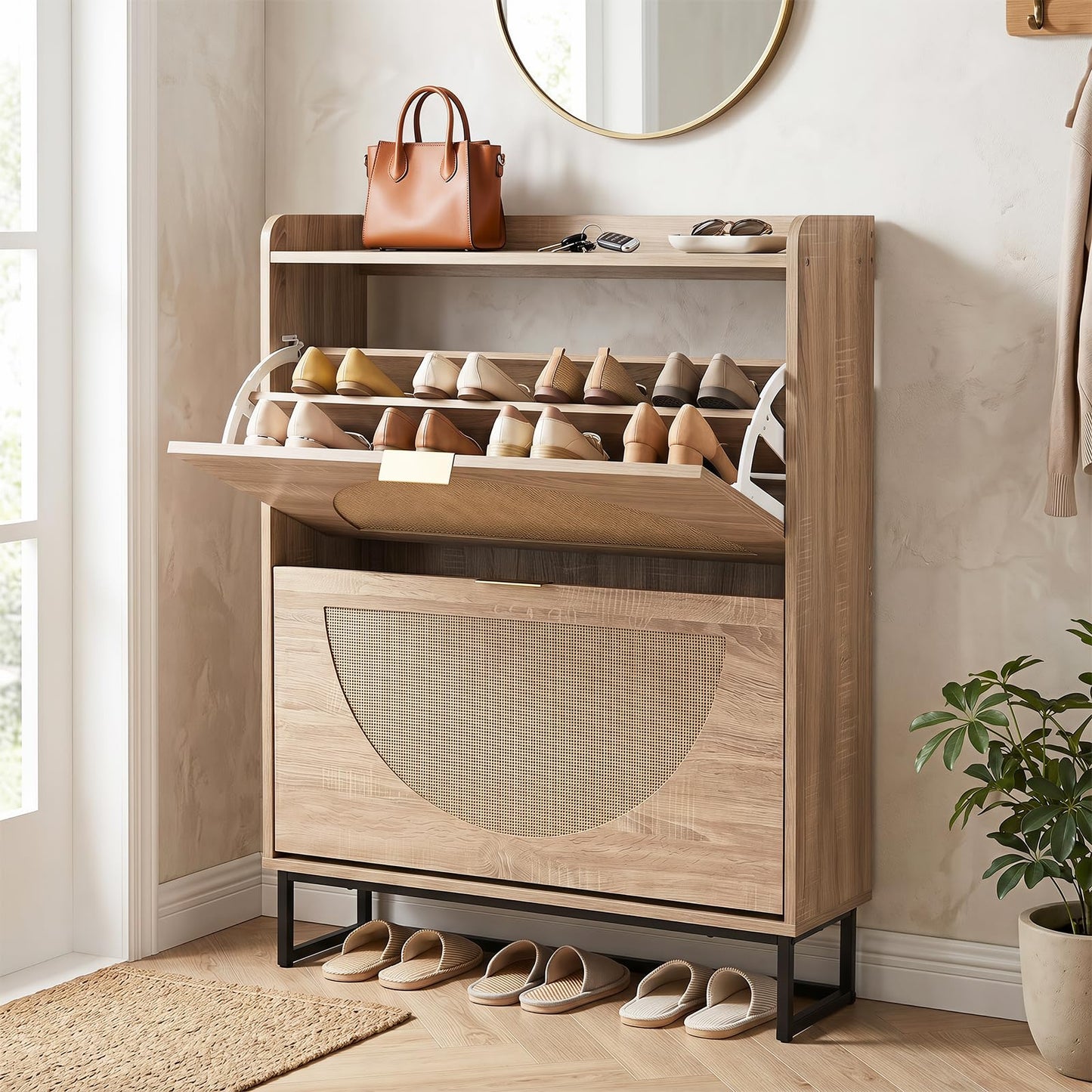 24cm Narrow Shoe Cabinet with 2 Rattan Flip Drawers