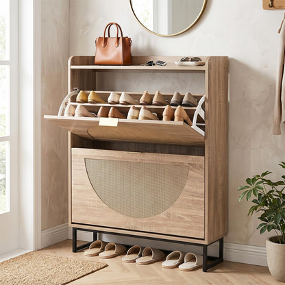 24cm Narrow Shoe Cabinet with 2 Rattan Flip Drawers