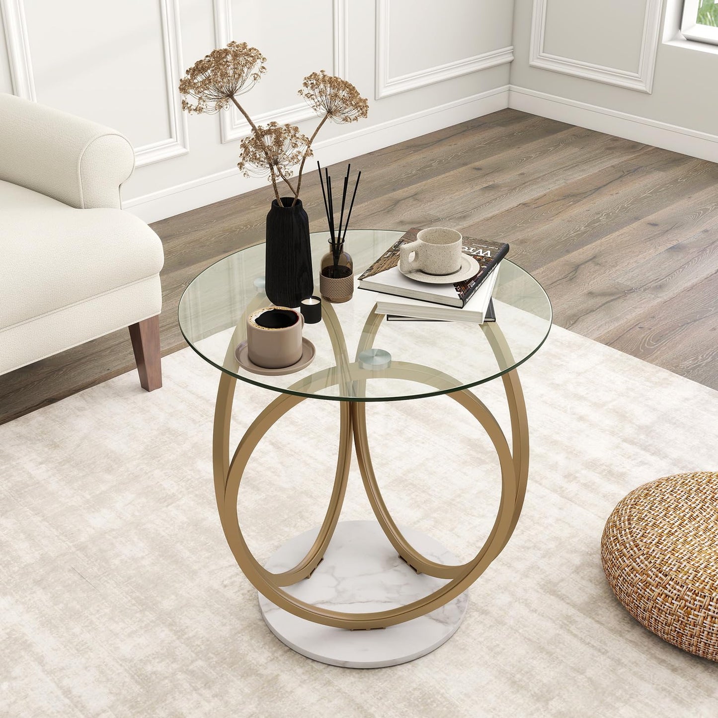 Round Glass Coffee Table with Geometric Metal Ring Frame for Living Room