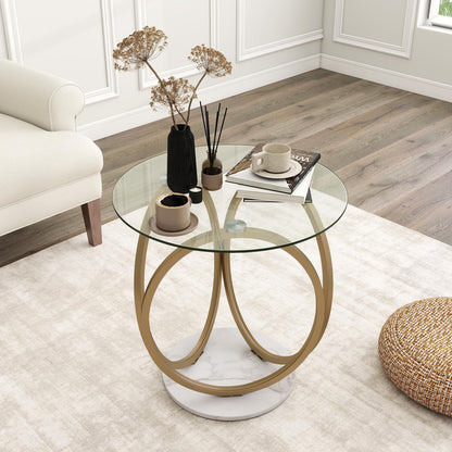 Round Glass Coffee Table with Geometric Metal Ring Frame for Living Room