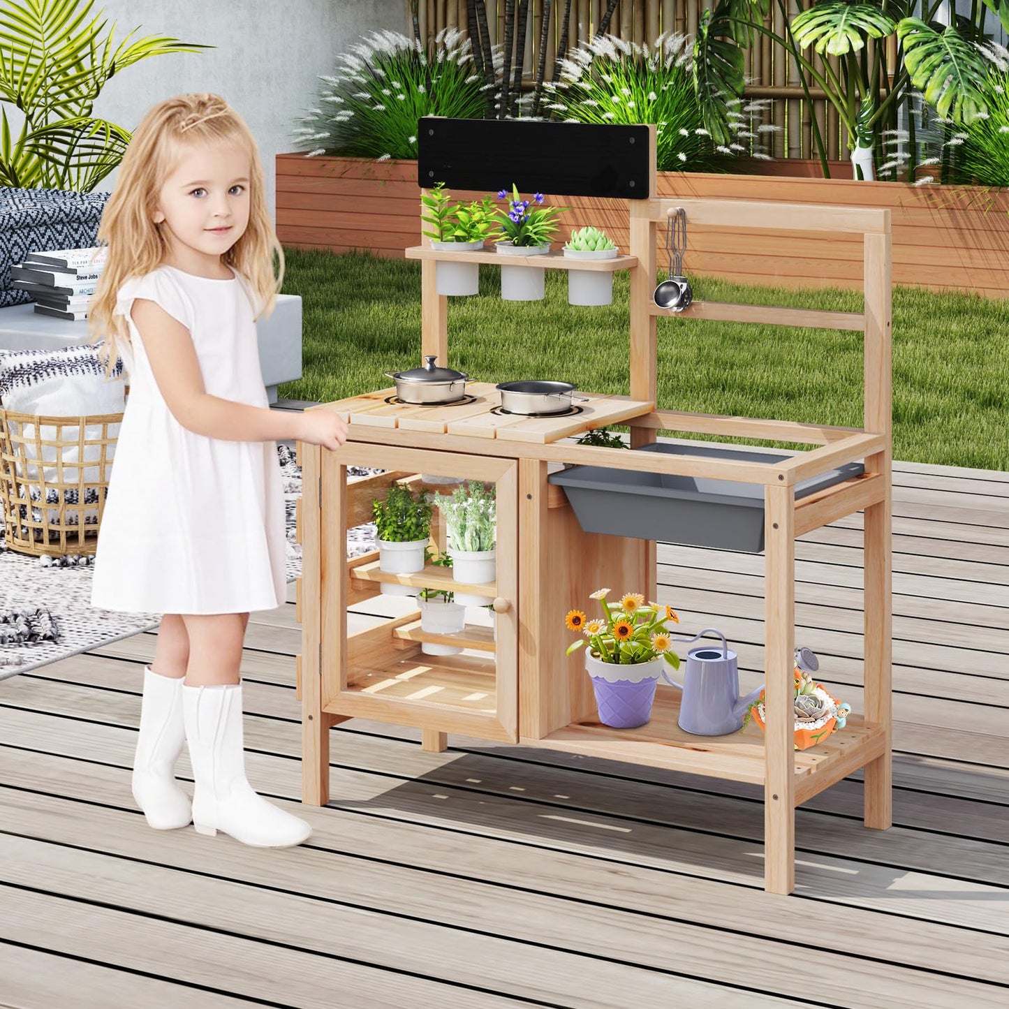 Patio Wooden Pretend Play Kitchen with Plants Observation Room for Kids Outdoor