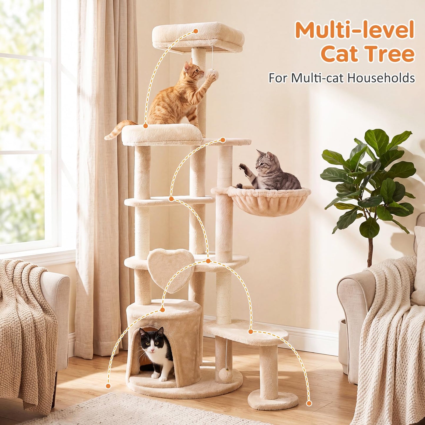 Cat Tree, 149cm Tall Cats Tower with Perches, Plush Condo, Cozy Basket