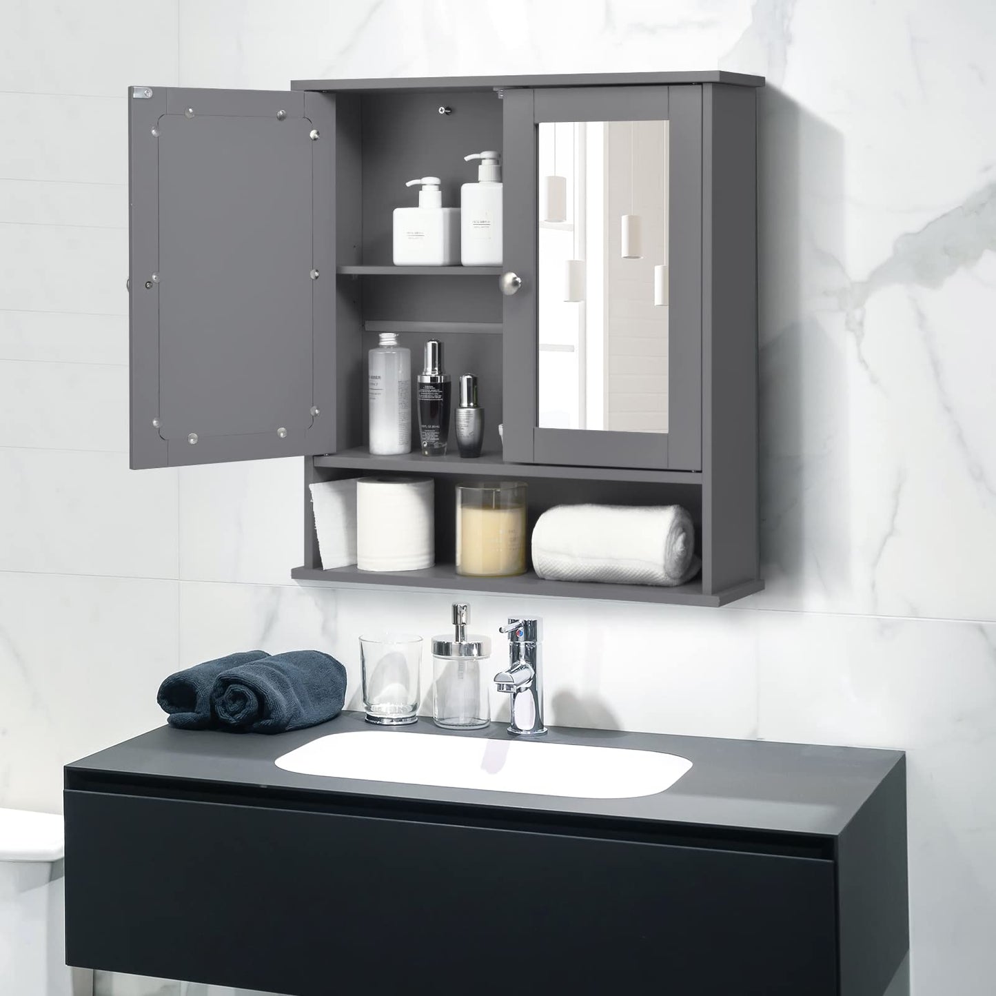 Double Door Wall Mounted Storage Cupboard with Adjustable Shelf and Compartment
