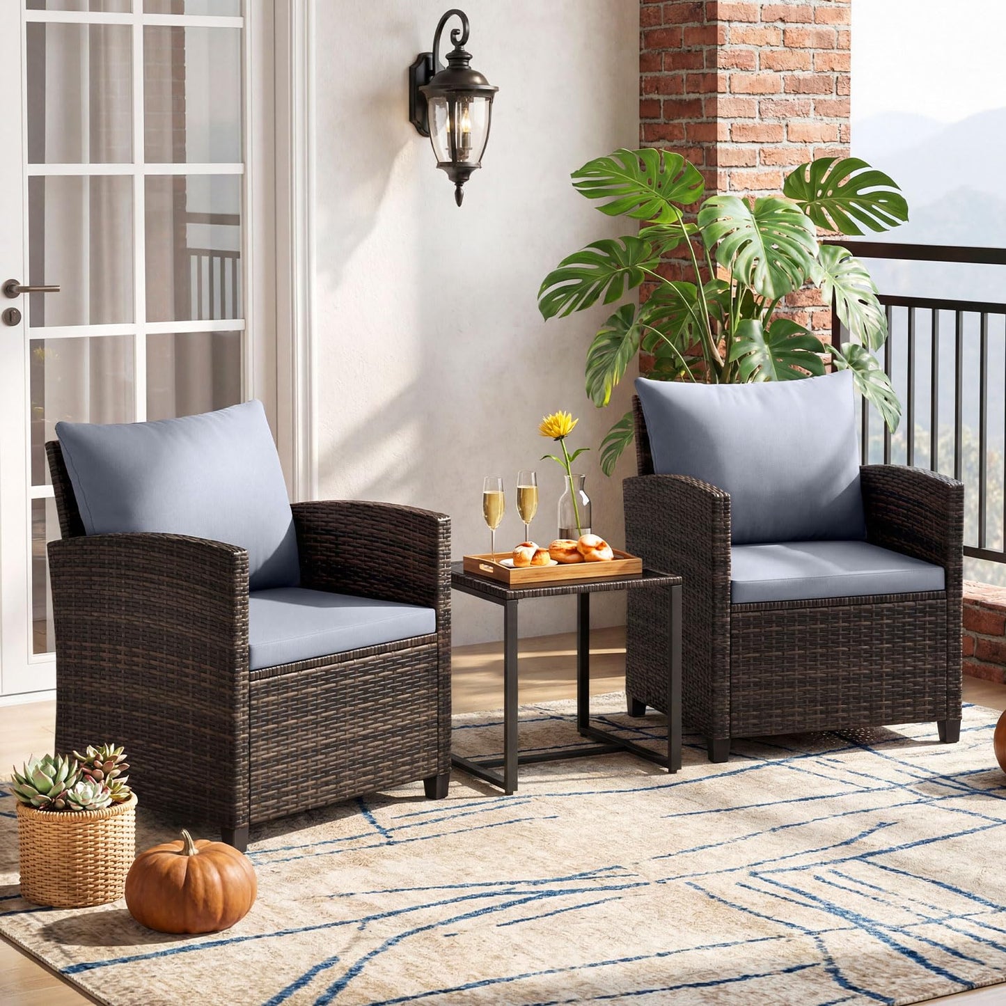 3 Pieces PE Rattan Wicker Outdoor Bistro Conversation Set with Soft Cushions and Tempered Glass Coffee Table