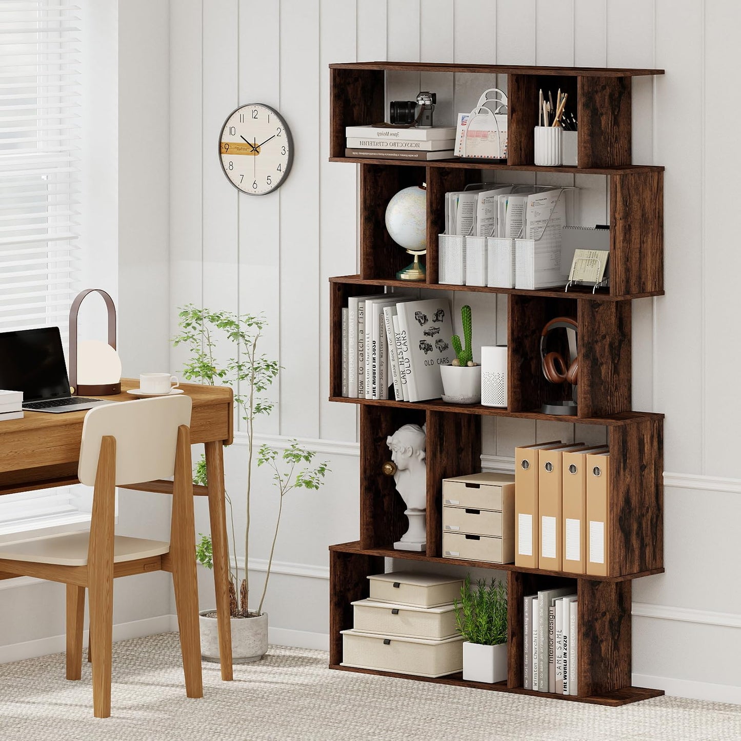 S-Shaped Wooden Bookcase, 5/6 Tiers Freestanding Storage Shelf