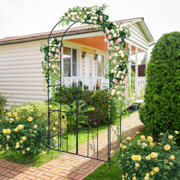 Garden Arch with Gate, Metal Pergola Arbor Trellis for Climbing Plant Rose Vines
