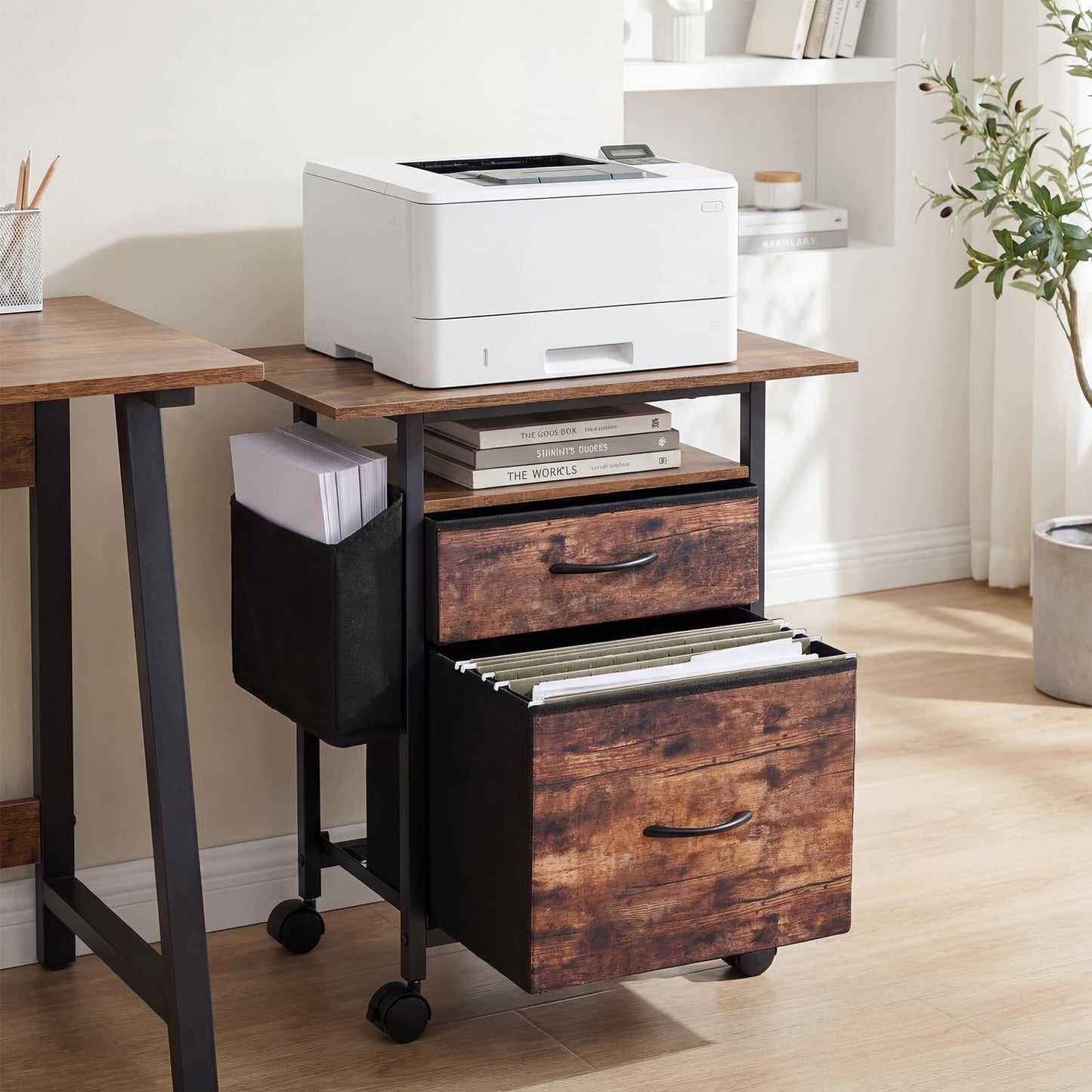 Mobile File Cabinet with 2 Drawers, Rolling Printer Stand with Extended Tabletop