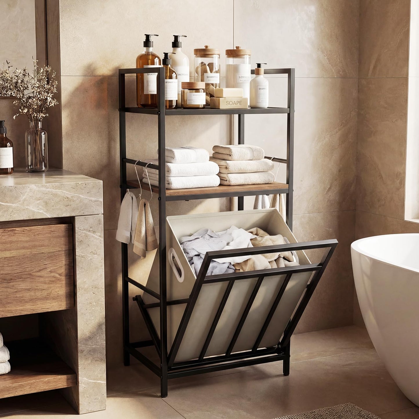 2-Tier Laundry Hamper with Tilt-out Basket & Removable Bag for Bathroom