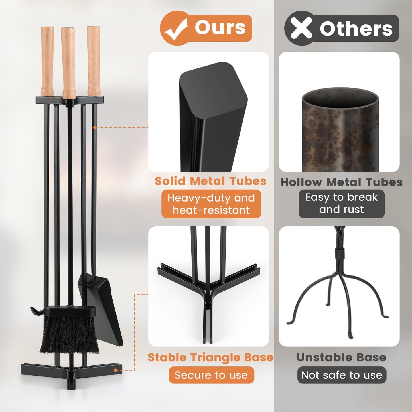 4-Piece Metal Fireplace Tools Set with Wood Handle and Base Stand Holder