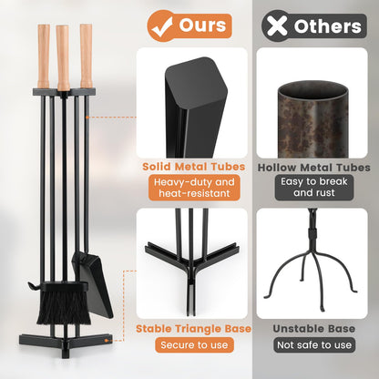4-Piece Metal Fireplace Tools Set with Wood Handle and Base Stand Holder