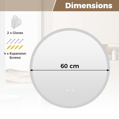 600mm/700mm Round Bathroom Mirror with LED Lights, Illuminated Backlit Wall Mounted Vanity Mirror with 3 Colors