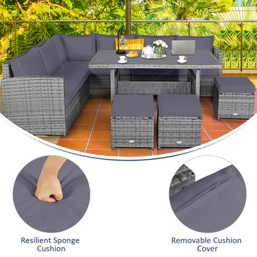 9 Seater Patio Rattan Corner Sofa Set with Sofa Chairs and Coffee Table