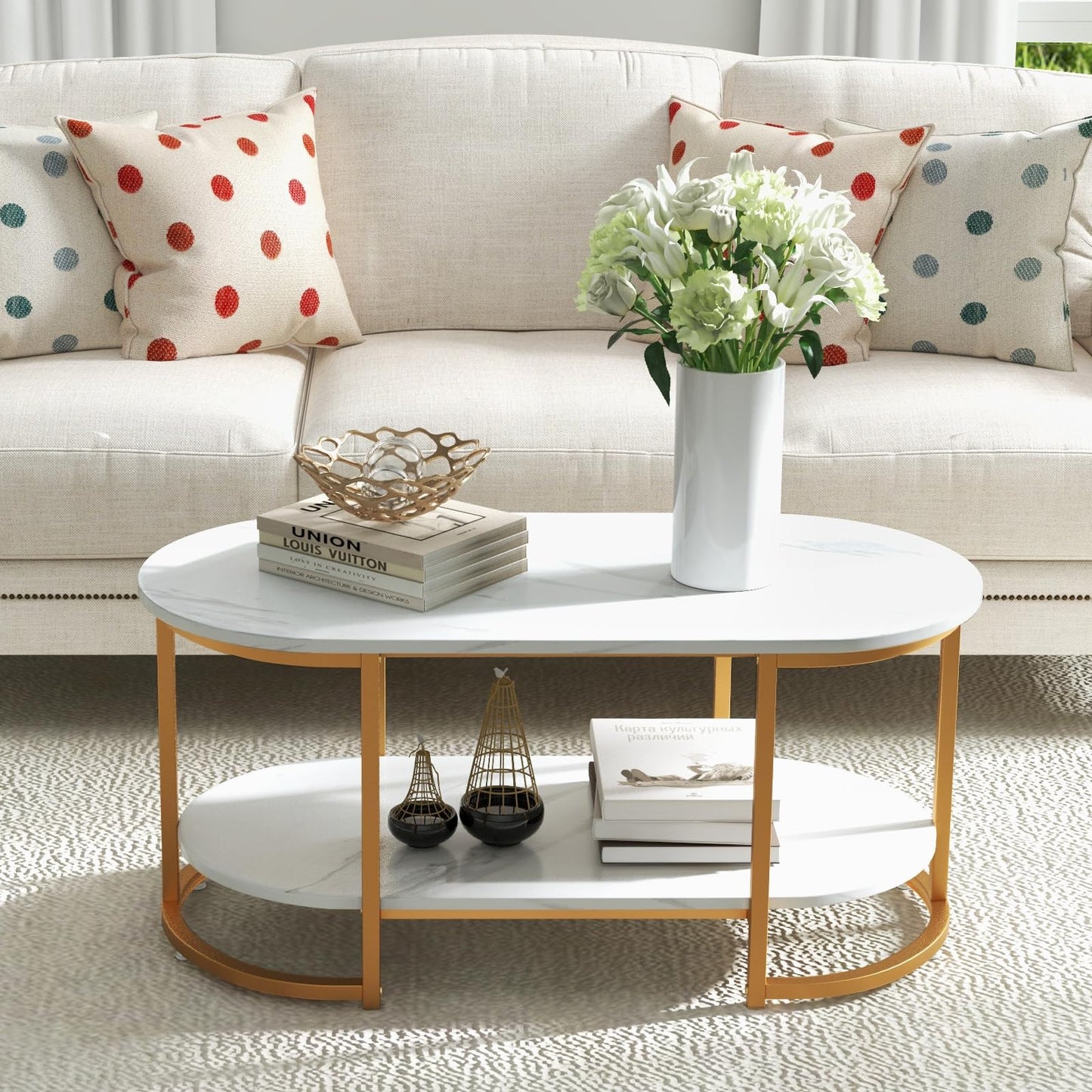 Marble Coffee Table with Open Storage Shelf
