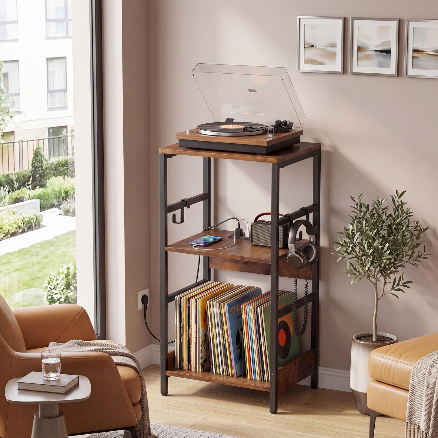 3-Tier Record Player Stand, Industrial Turntable Stand with Charging Station