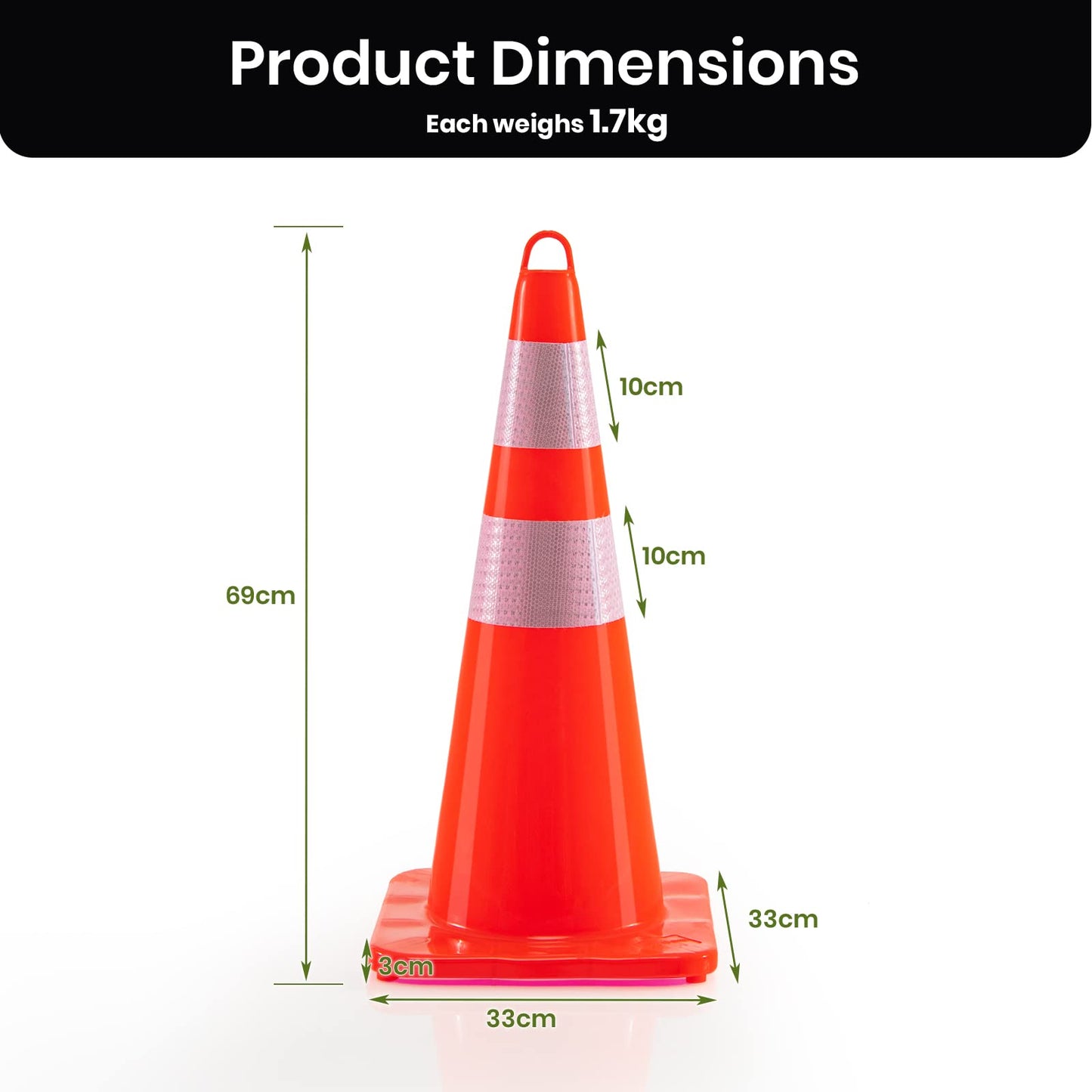 10/12 Pack 69cm Traffic Cones, Self Weighted Orange Road Safety Cones with Reflective Collars