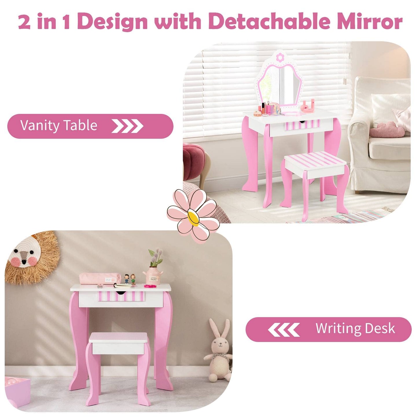 Kids Vanity Table and Stool Set with Mirror and Drawer