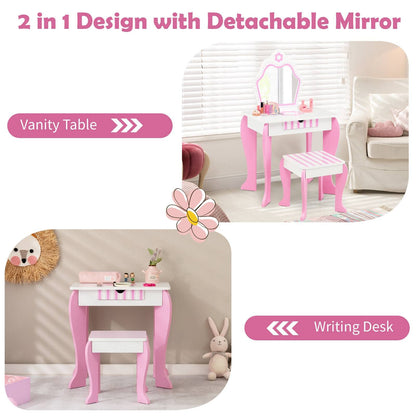 Kids Vanity Table and Stool Set with Mirror and Drawer