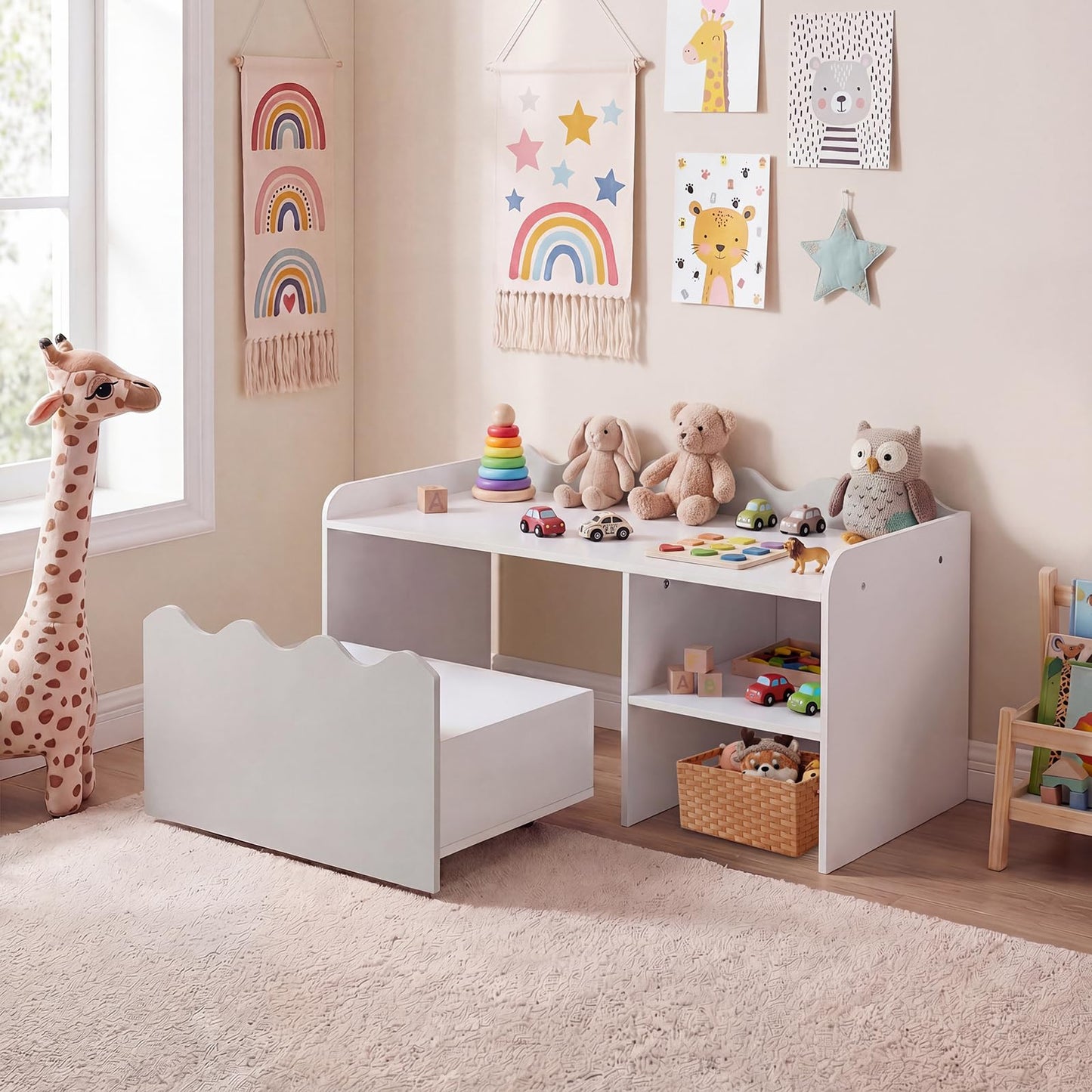 Scalloped Kids Bookshelf with Movable Drawer and Anti-Toppling Kit for Playroom