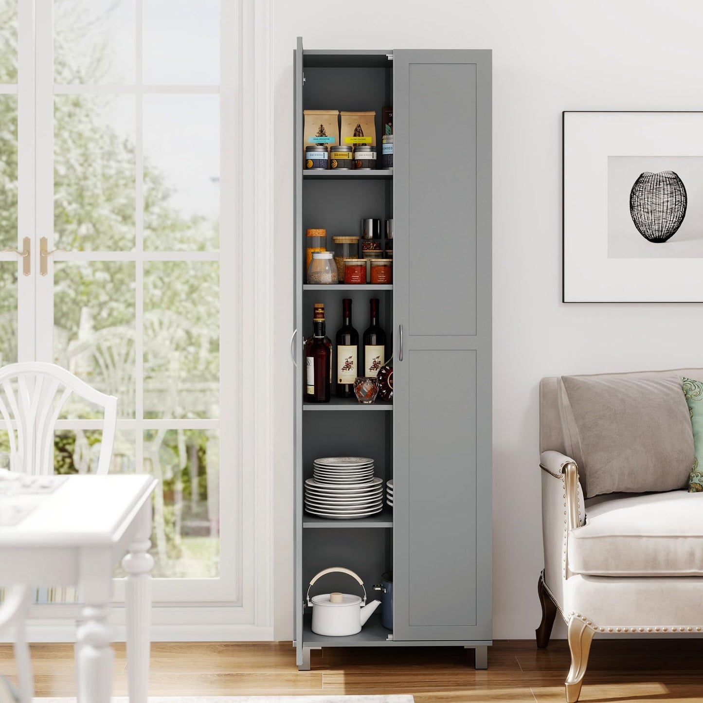 Double Door Tall Storage Cabinet with Adjustable Shelf and Anti tilt Design