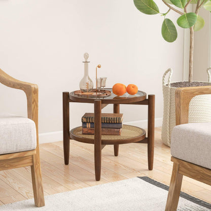 2-Tier PE Rattan Round Side End Table with Tempered Glass Tabletop