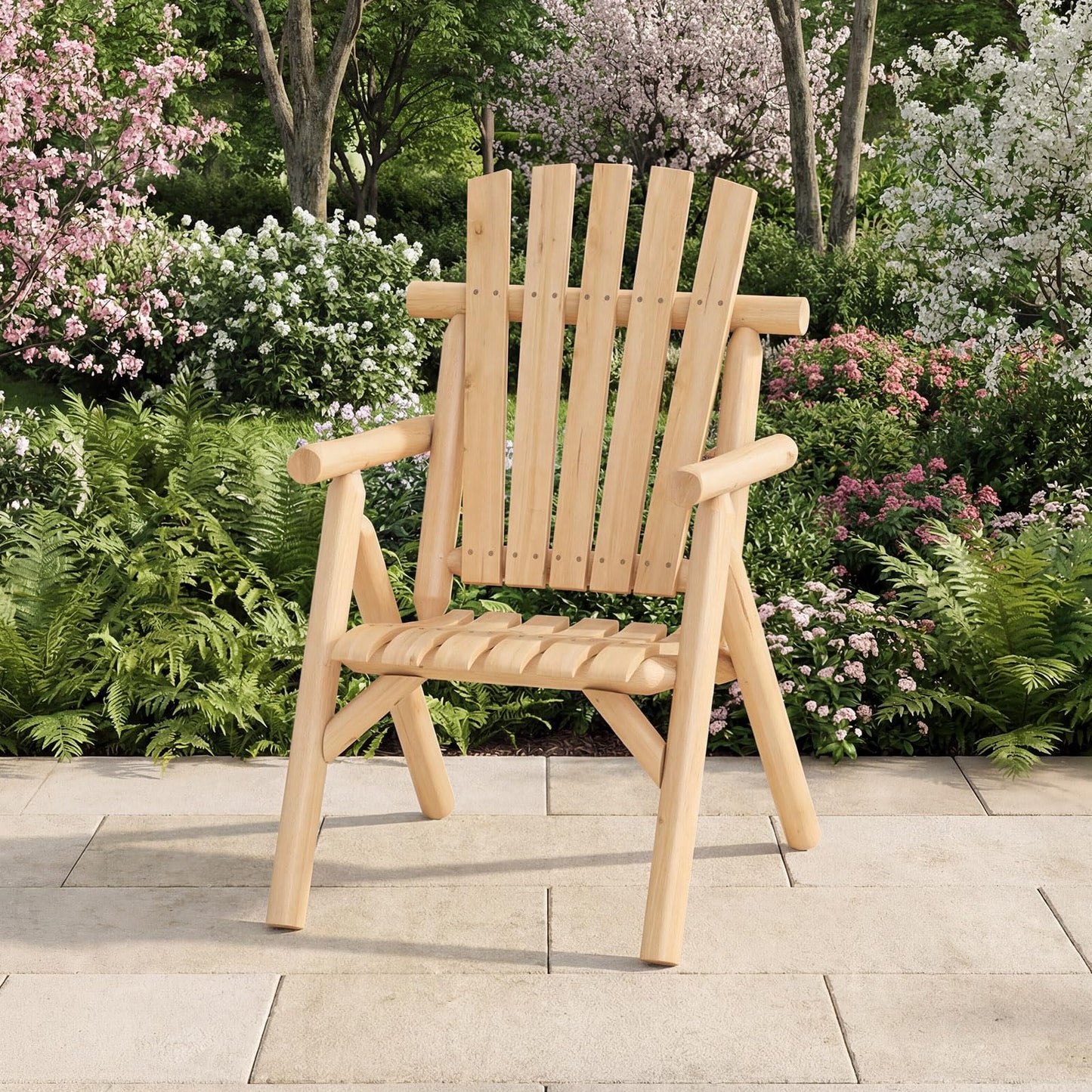 1-Person Garden Chair, Log Wood Fire Pit Lounge Chair with Slatted Backrest