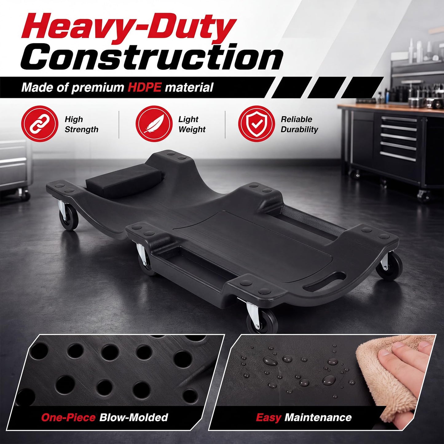 36/40 Inch Mechanic Creeper with Padded Headrest & 2 Tool Trays