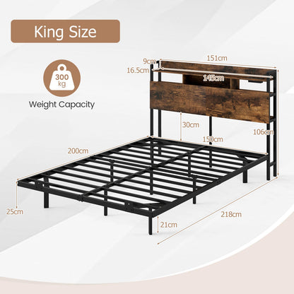 King Size Bed Frame with LED Lights and Charging Station