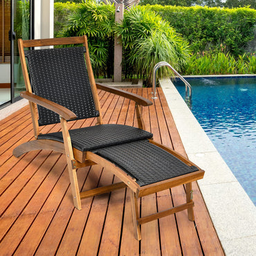 Acacia Wood Rattan Deck Chair with Retractable Footrest