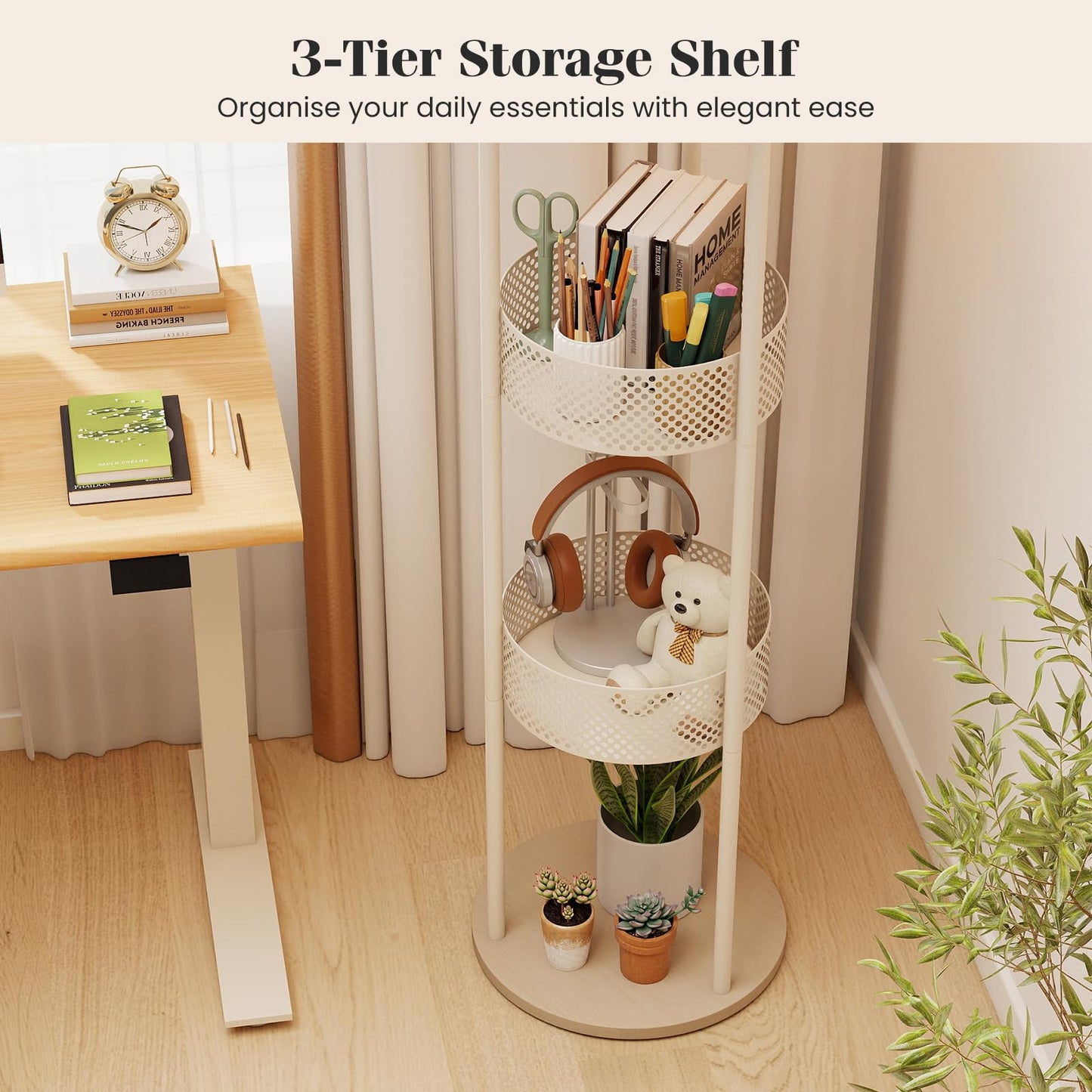 Floor Lamp with 3 Storage Shelves & Linen Fabric Shade