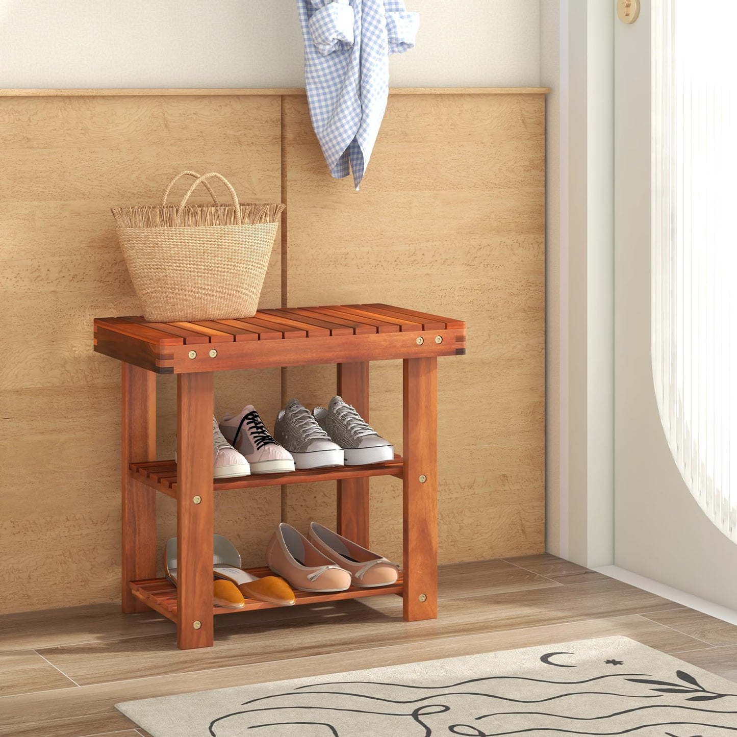 50 x 28 x 45cm 3-Tier Acacia Wood Shoe Rack Bench