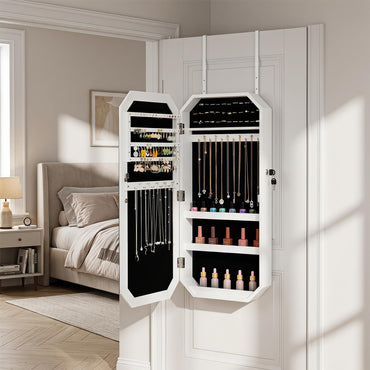 Lockable Full-Length Mirror Jewelry Cabinet with Storage Shelves for Bedroom