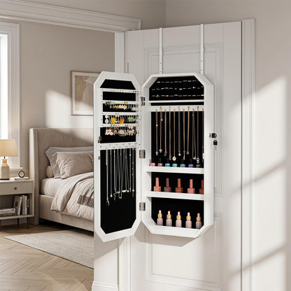 Lockable Full-Length Mirror Jewelry Cabinet with Storage Shelves for Bedroom