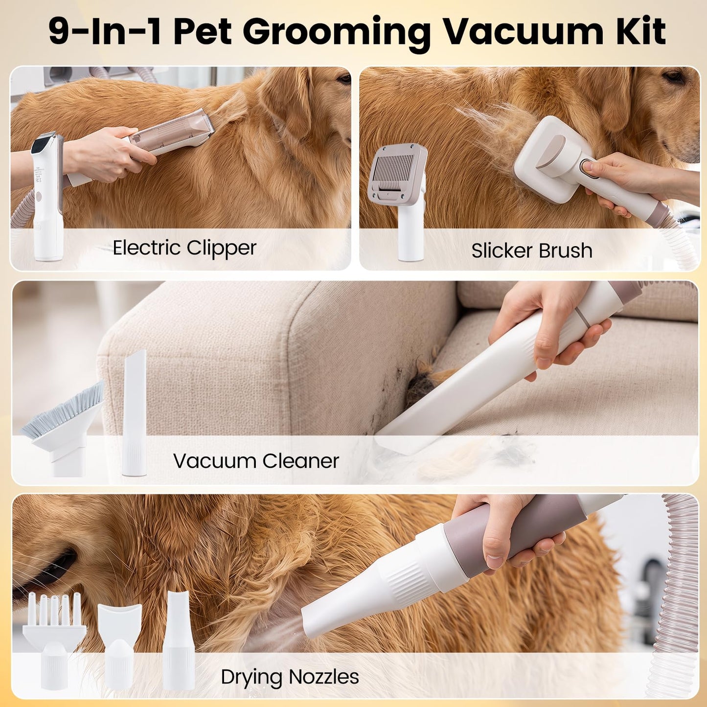 9-in-1 Dog Grooming Vacuum Kit for Shedding with 3 Suction Modes