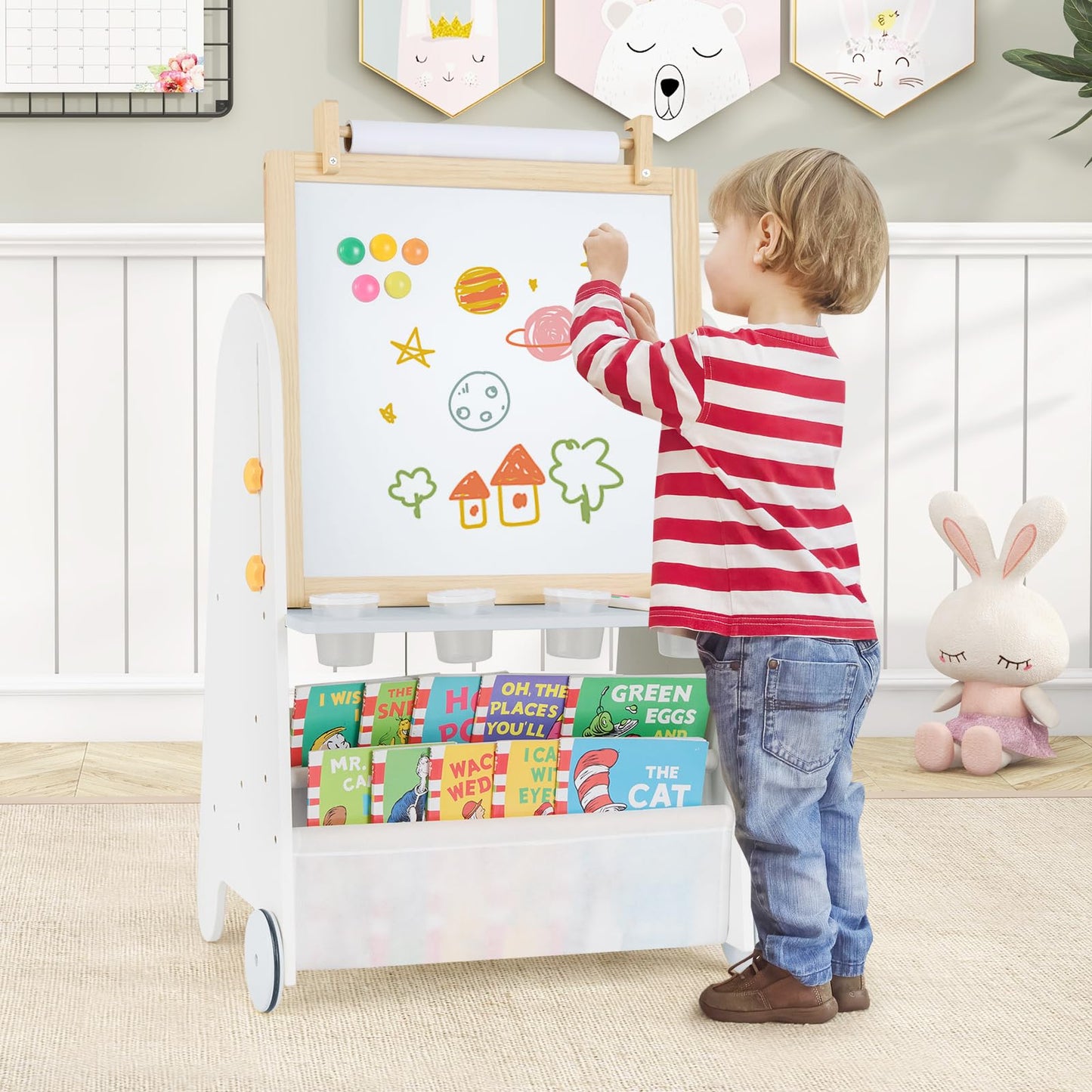 4-in-1 Toddler Activity Table Set with Magnetic Whiteboard and Bookshelves