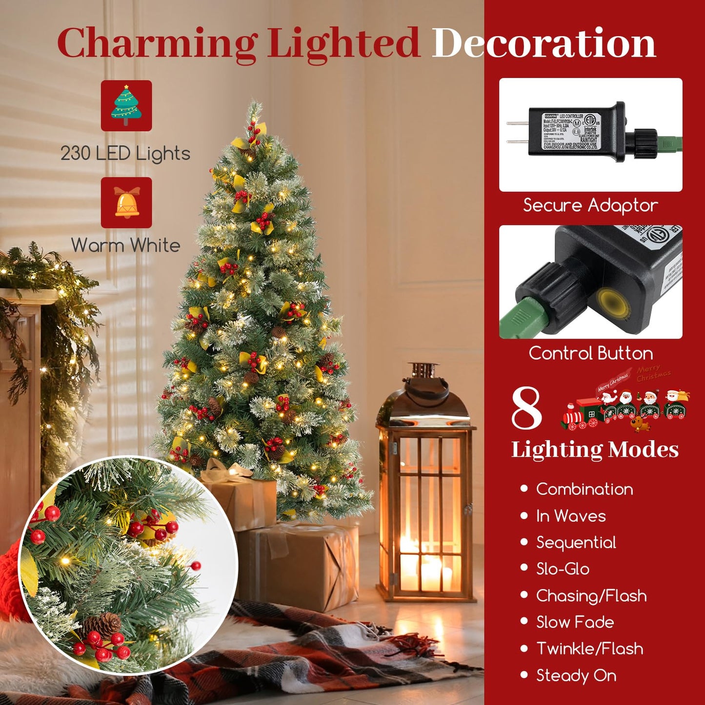 Pre-Lit Artificial Christmas Tree with 453 PVC and 230 Warm White LED Lights