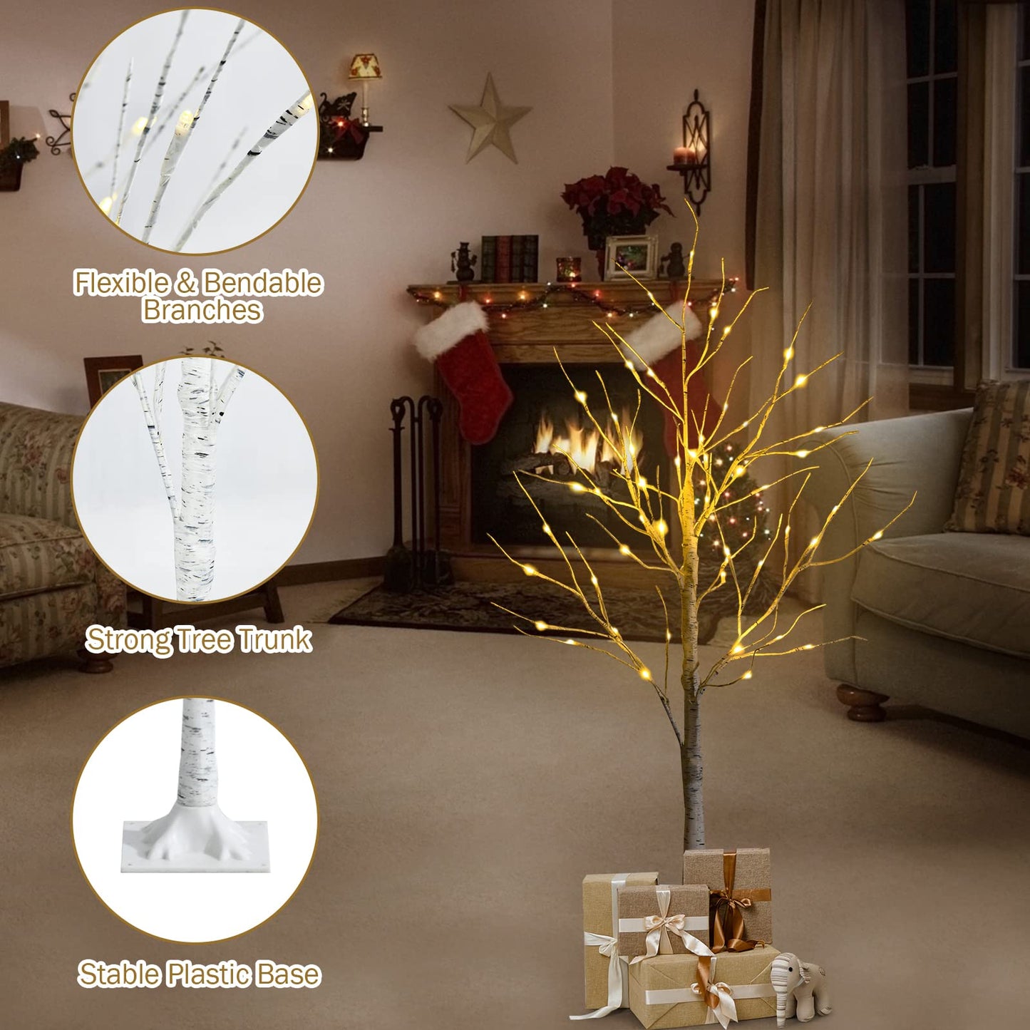Silver Christmas Twig Tree with Warm White LED Lights for Indoor Decoration