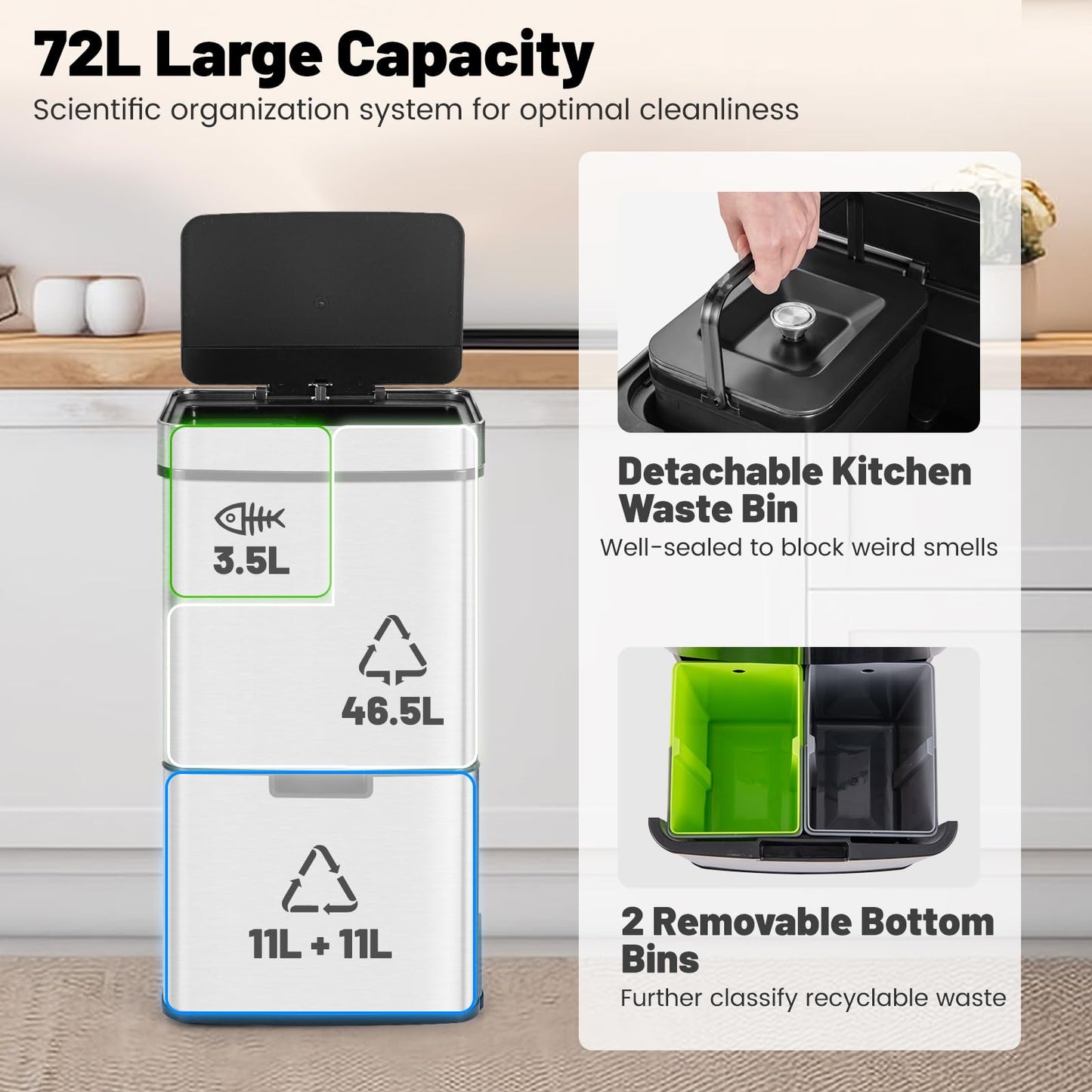 72L Stainless Steel Trash Can Motion Sensor Garbage Bin