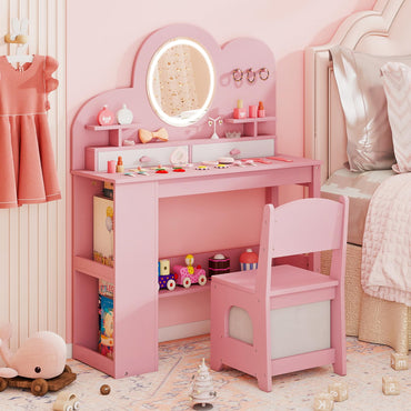 Kids Vanity with Lights Princess Vanity Table and Chair Set with 2 Drawers