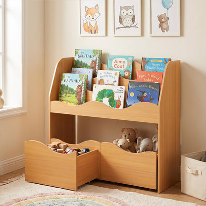 Kids Bookshelf, Storage Organizer with 2 Rolling Drawers