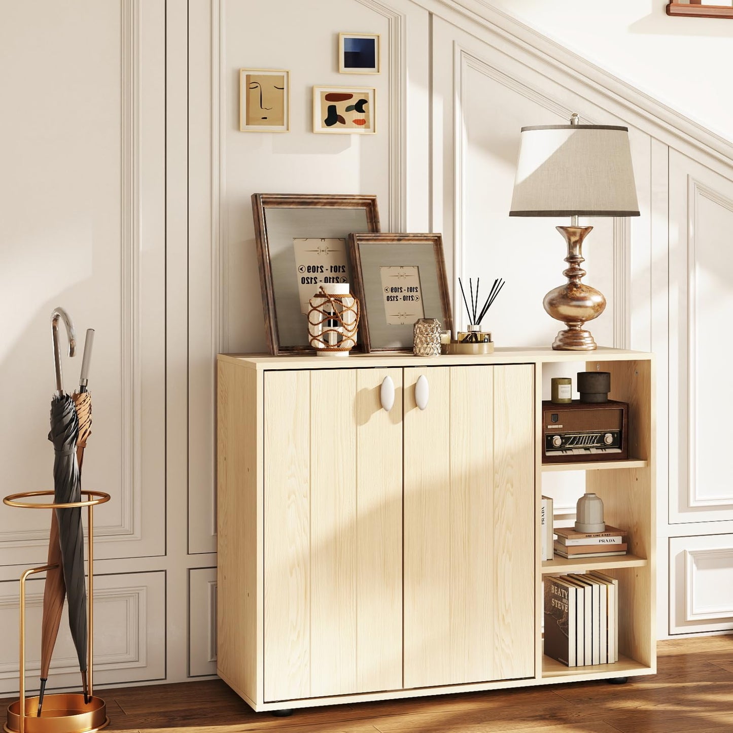 3-Tier Shoe Cabinet with Doors and Adjustable Open Shelves