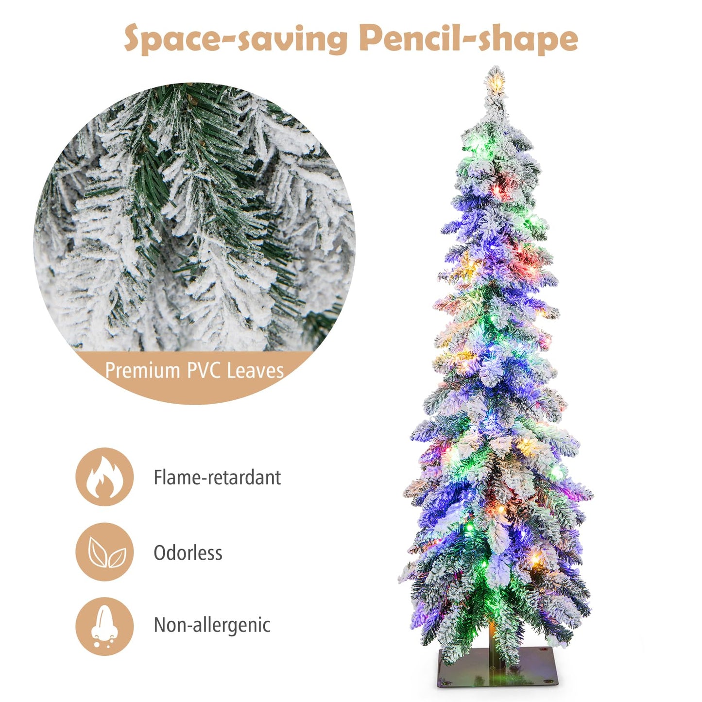 Snow-Flocked Slim Pencil Christmas Tree with 11 Lighting Modes