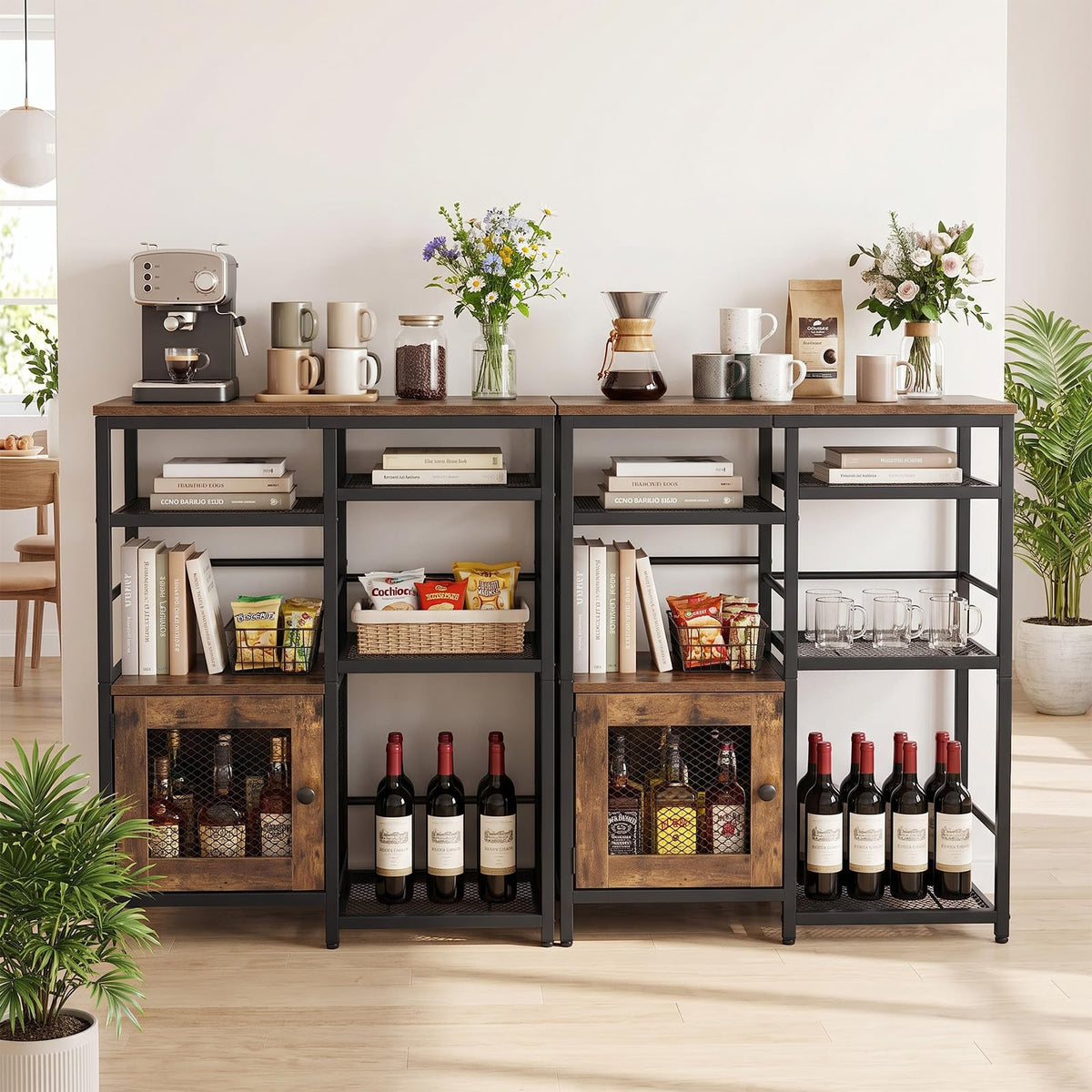 Industrial Coffee Bar Cabinet with Storage & Open Shelves