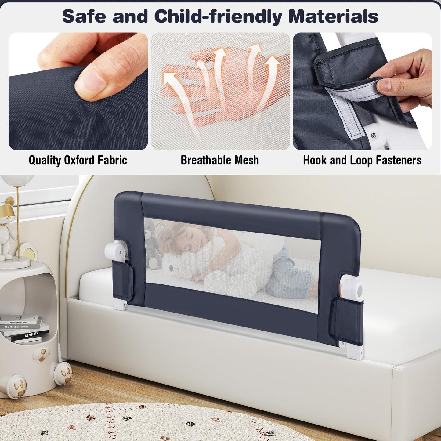 Foldable Toddler Bed Rail with Removable Oxford Cover