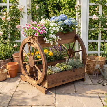 Wood Wagon Planter Box, 2-Tier Rustic Raised Garden Bed with Drainage Holes