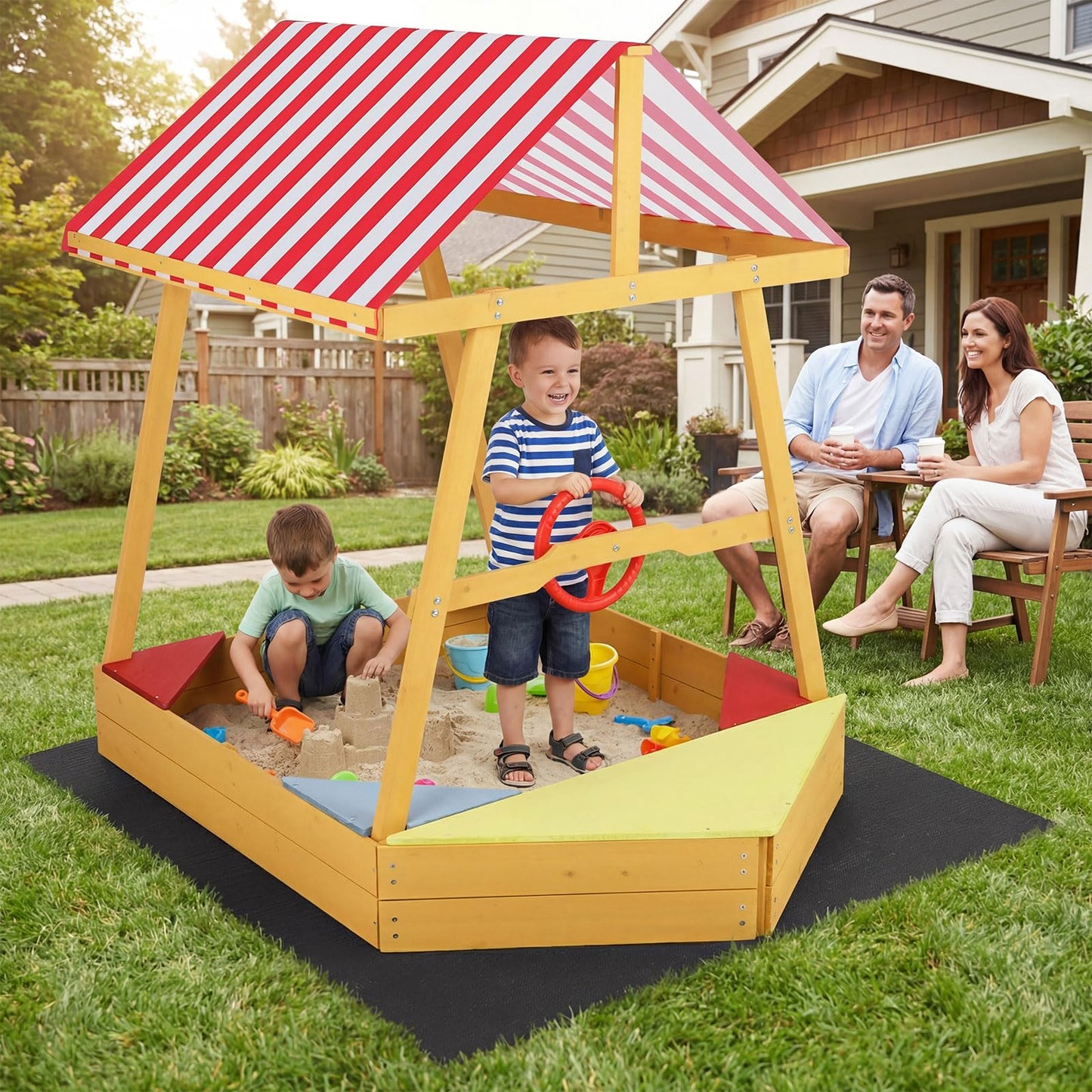 Wooden Kids Sandpit, Ship-Shaped Sandbox Sand Boat with Canopy, 4 Corner Seats