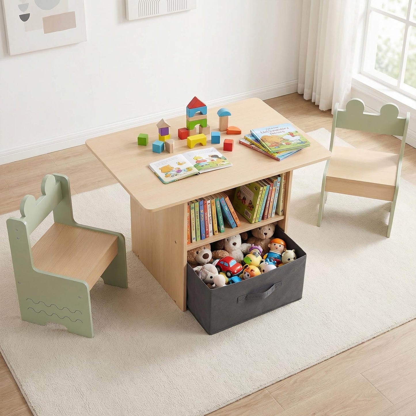 Kids Table and Chairs Set Wooden Toddler Activity Table Set with 2 Open Compartments