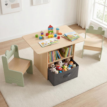 Kids Table and Chairs Set Wooden Toddler Activity Table Set with 2 Open Compartments
