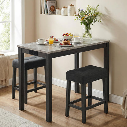 Bar Table Set with 2 Stools, 3 Pieces Breakfast Bar Set with Power Outlets